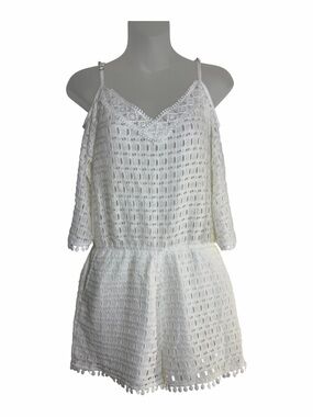 California Moonrise White Crochet Lace Boho Romper Pom Pom Cold Shoulder Medium